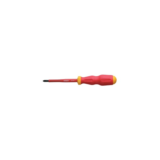 STANLEY 65-974 insulated Phillips screwdriver with red and yellow handle, side angle photography.
