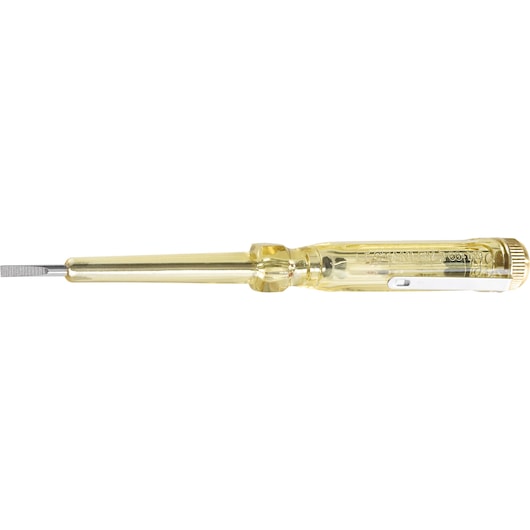 STANLEY 66-119-KR voltage tester screwdriver with transparent yellow handle, side view on white background.