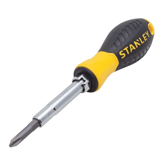Stanley multi-bit screwdriver, angled view, with yellow and black handle and visible Phillips bit
