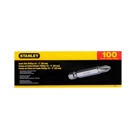 STANLEY 68-076 box of 100 Phillips #2 insert bits, 2 inch, black and yellow packaging, front angle.