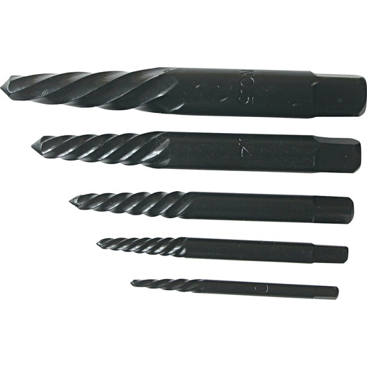 Photo of STANLEY 78-023 screw extractor set, five black spiral steel pieces on white background.