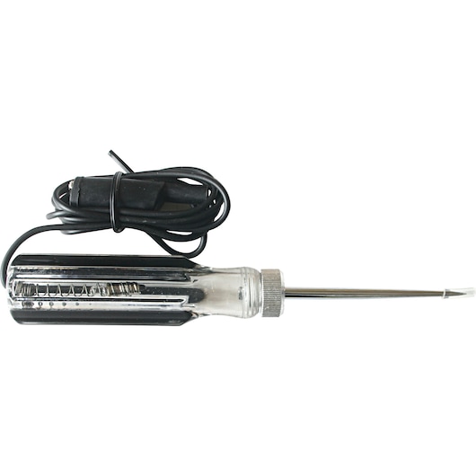 STANLEY 78-208 circuit tester black handle with clear casing and attached black cable, side angle.