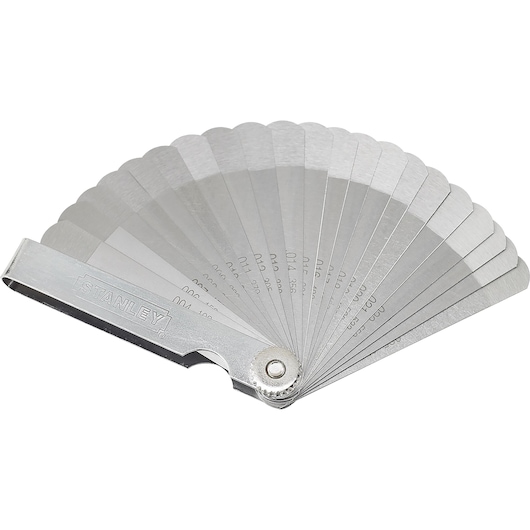 STANLEY 78-218 feeler gauge set with metal blades fanned out, front angle on white background.