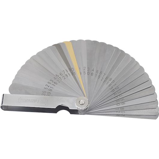 Photo of Stanley 78-221 feeler gauge set with multiple metal blades fanned out, numbers visible, white background.