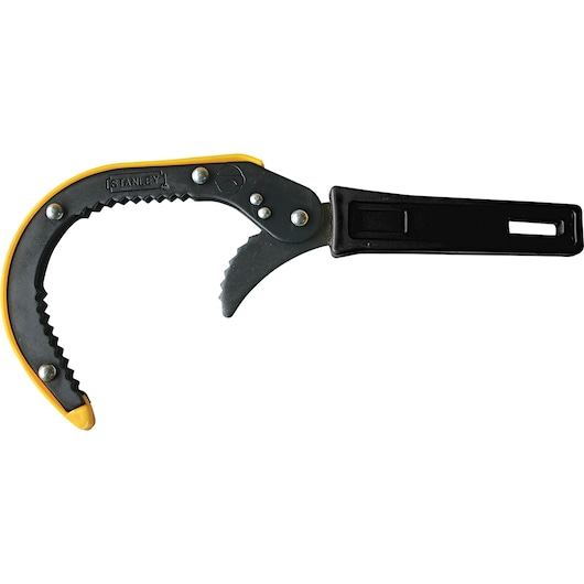 Photo of STANLEY 78-227 oil filter wrench with black and yellow handle, angled on white background, product photography.