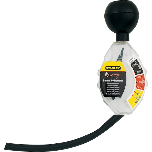 Stanley 79-046 battery hydrometer with clear body, black bulb, flexible hose, and color-coded scale, front view.