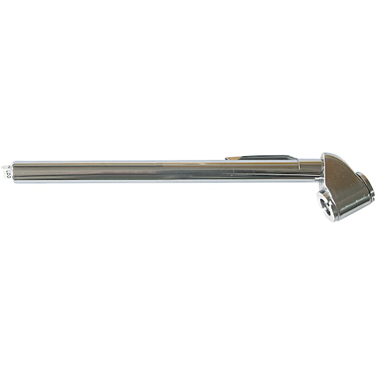 Stanley 79-051 tire pressure gauge, silver metal, displayed on a white background, side view.