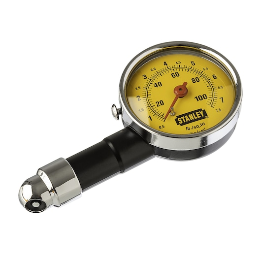 STANLEY 79-052 tire pressure gauge with yellow dial and black handle, product photography on white background.