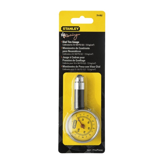 STANLEY 79-052 dial tire gauge in retail packaging, yellow and black color, front angle photo.