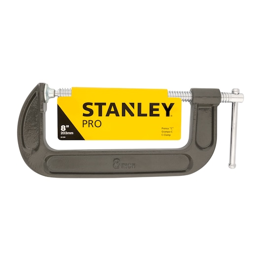 Stanley 83-508 C-clamp, black with metal screw, 8 inch size, side view on white background.