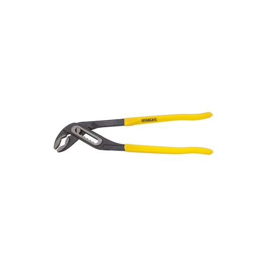 Photo of STANLEY 84-015 adjustable groove joint pliers with yellow handles, side view.