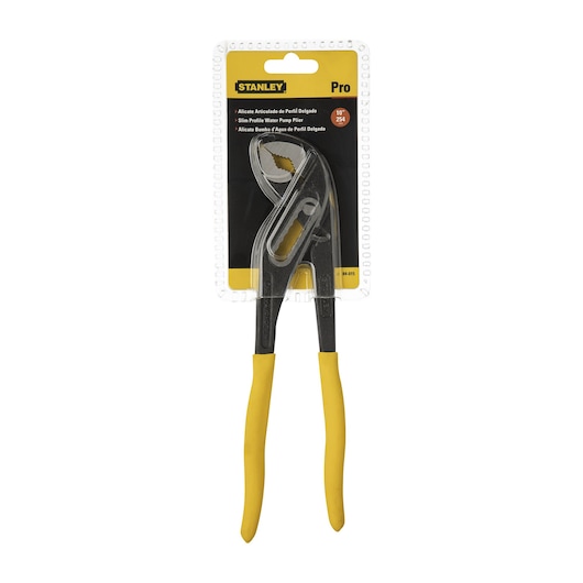 STANLEY 84-015 slim profile water pump plier with yellow handles, front angle on white background.