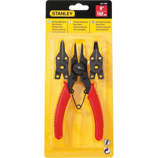 STANLEY 84-168 combination snap ring pliers set with red handles and interchangeable tips, packaged in plastic, front angle.