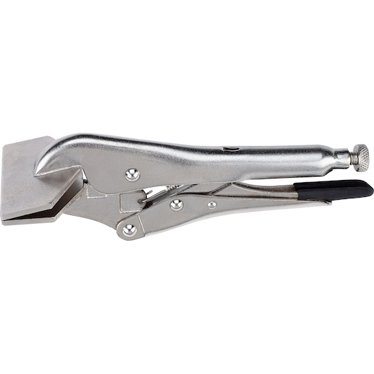 STANLEY 84-398 sheet metal locking pliers, silver finish, left side view, white background.
