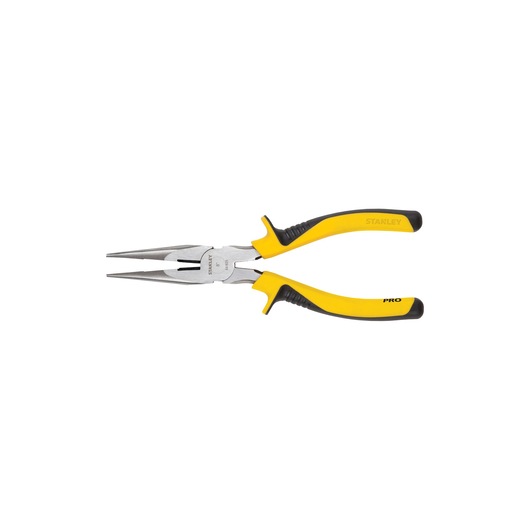 STANLEY 84-625LA long nose pliers with yellow and black handle, side view on white background.