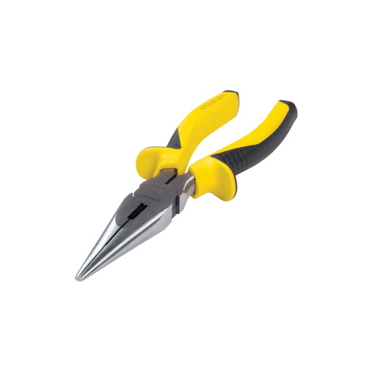 STANLEY 84-625LA long nose pliers with yellow and black handles, angled on white background.