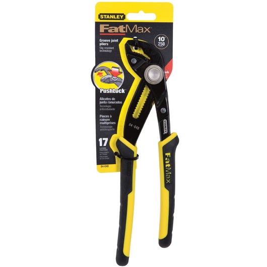 STANLEY 84-648 FatMax groove joint pliers, black and yellow, photo on white background, in retail packaging.