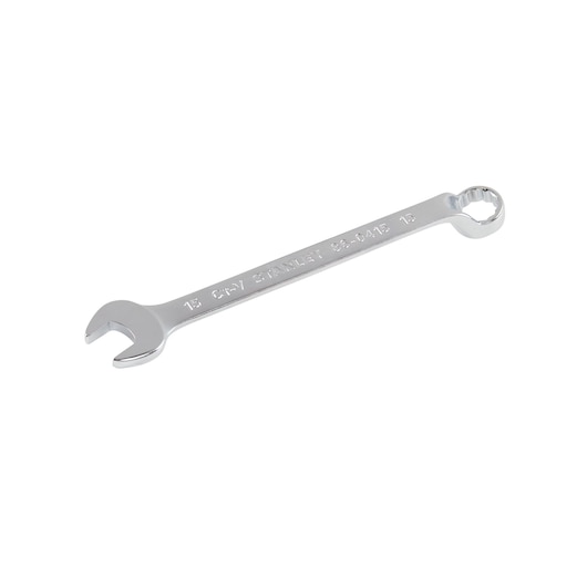 STANLEY 86-0415 combination wrench, chrome finish, with open and box end, top angle on white background.