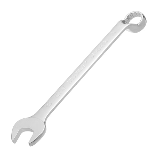 Photo of STANLEY 86-0419 combination wrench with open and box ends, silver finish, angled on white background.