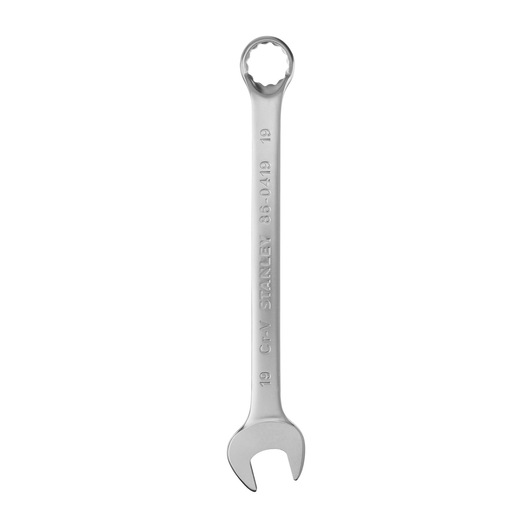 Photo of STANLEY 86-0419 combination wrench, silver, open-end and box-end, vertical angle on white background.