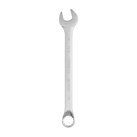 STANLEY 86-0426 combination wrench, silver finish, box end and open end, top view on white background.