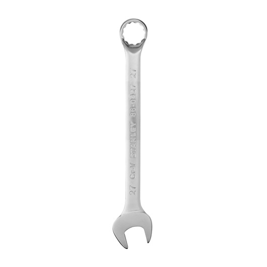 STANLEY 86-0427 combination wrench with open and box ends, silver, flat lay on white background.