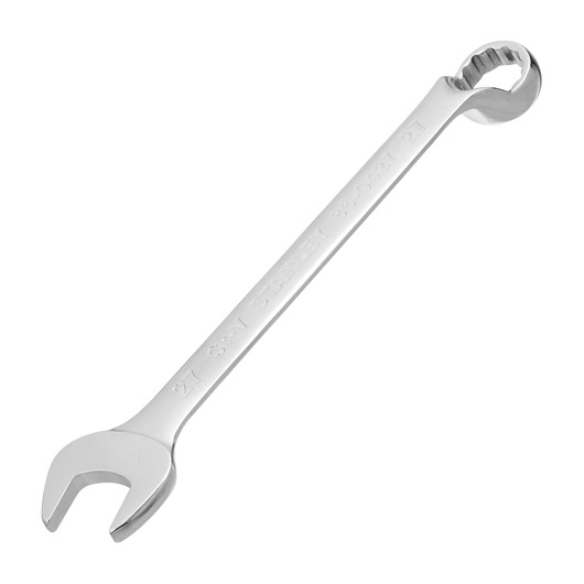 STANLEY 86-0427 combination wrench, chrome finish, open and box end, angled view, hand tool.