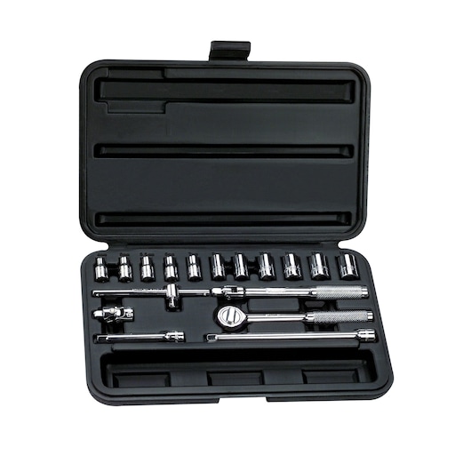 STANLEY 86-117 socket set in black case, multiple chrome sockets and ratchet, top view, on white background.