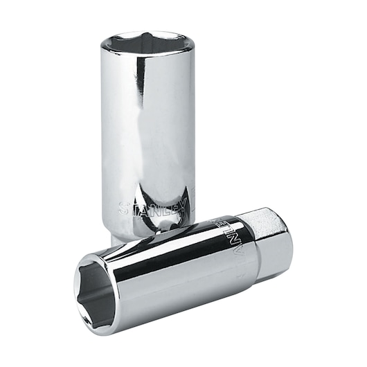 Photo of STANLEY 86-380 chrome deep sockets, tool category, front angle on white background.