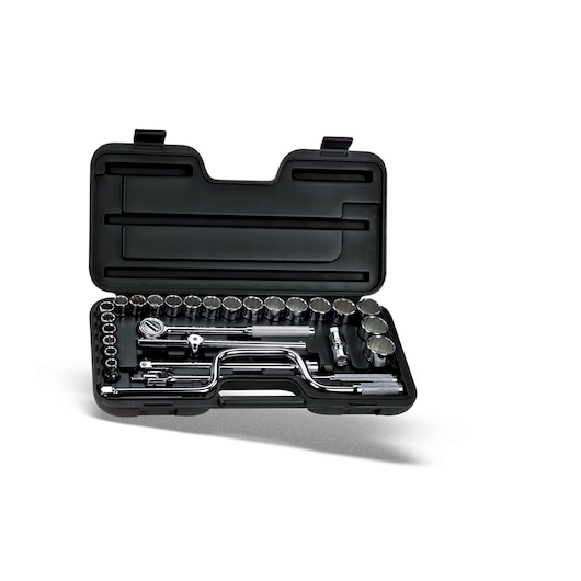 STANLEY 86-504 socket wrench set in black case, open, showing chrome sockets and tools, front angle.