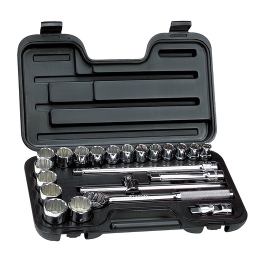 STANLEY 86-531 socket wrench set in black case, chrome pieces, top angle photo.