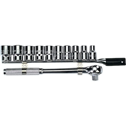 STANLEY 86-735 socket wrench set with polished chrome finish, top-down view on white background.