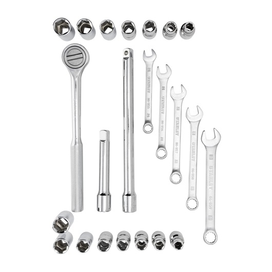 STANLEY 86-736 hand tool set with ratchet, extensions, wrenches, and sockets, top-down view on white background.