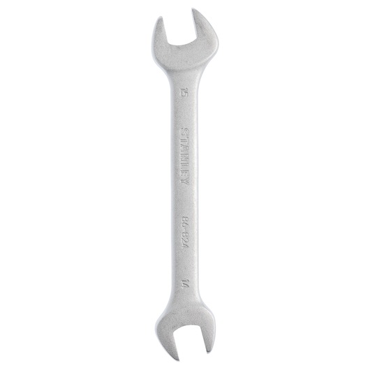 STANLEY 86-824 double open-end wrench, silver, sizes 14mm and 15mm, top-down view on white background.