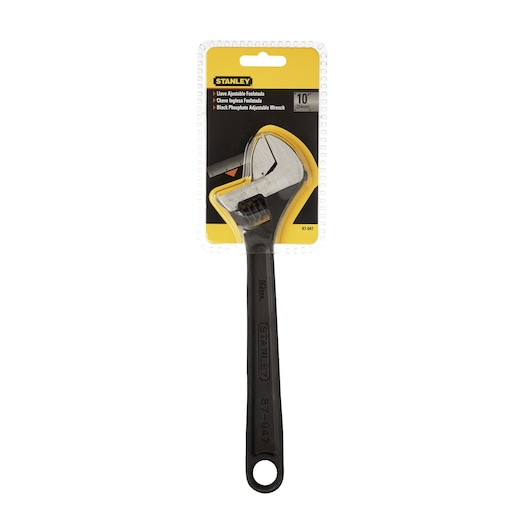 STANLEY 87-047 black phosphate adjustable wrench, 10 inch, product photography, front angle on white background.