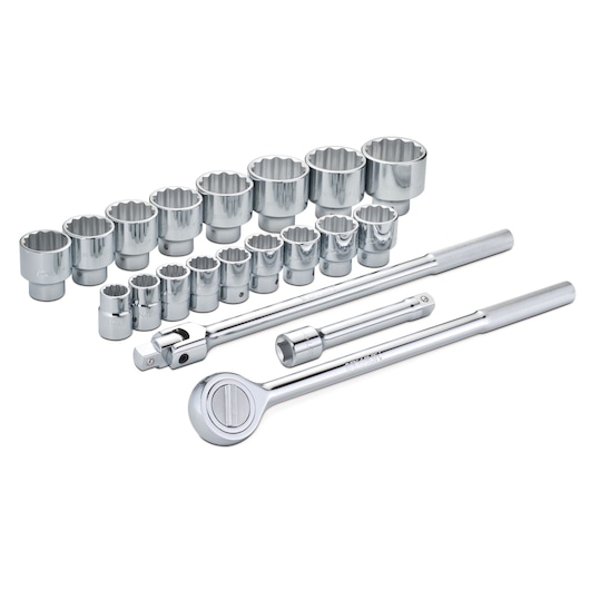 STANLEY 87-557 chrome socket and ratchet set photography, angled on white background.