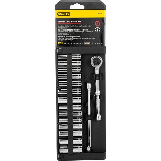 STANLEY 89-199 deep socket set, 16-piece, chrome finish, front angle photo, ratchet and extension bar included.