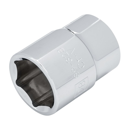 STANLEY 89-328 chrome socket, hexagonal, close-up angle, hand tool accessory on white background.