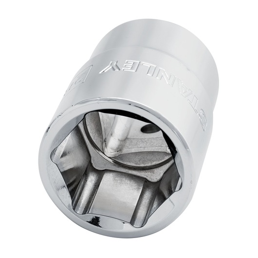 STANLEY 89-328 chrome socket, six-point design, close-up angle on white background, hand tool accessory.