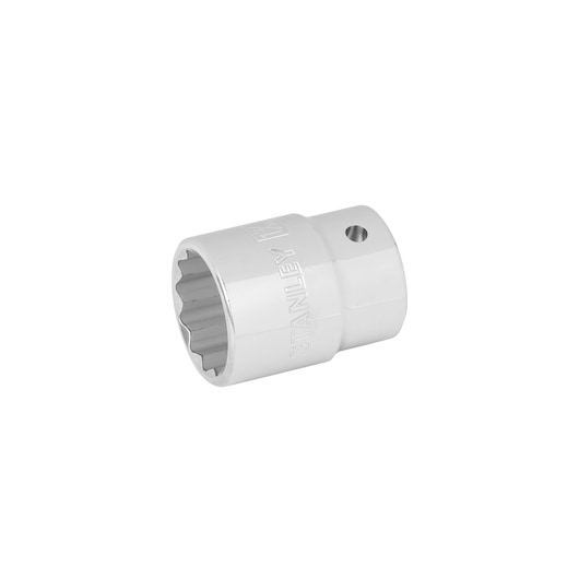 STANLEY 89-668 chrome socket, photography of twelve-point metal socket side angle on white background.