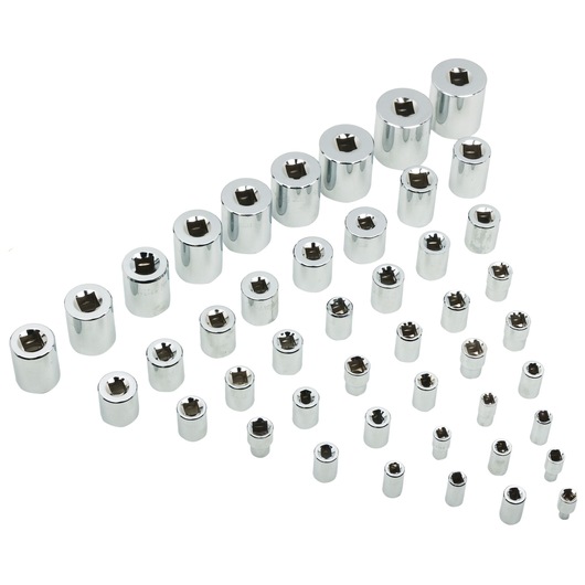 STANLEY 91-931 socket set, chrome finish, photography of assorted sockets on white background.