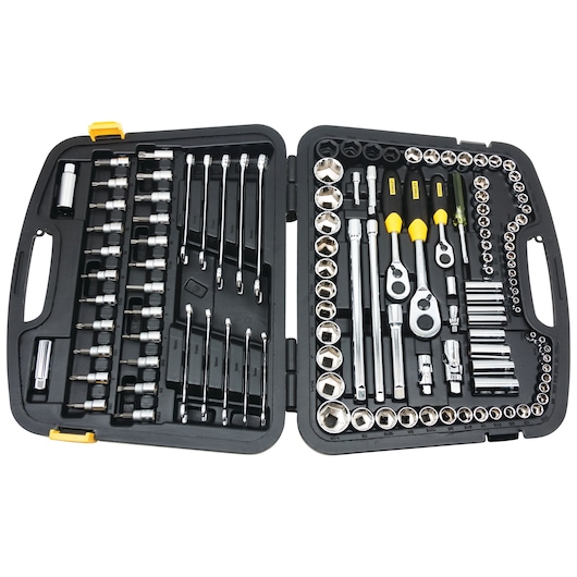 Photo of STANLEY 91-931 socket and wrench set in black plastic case, top view, organized with ratchets, sockets, and wrenches.