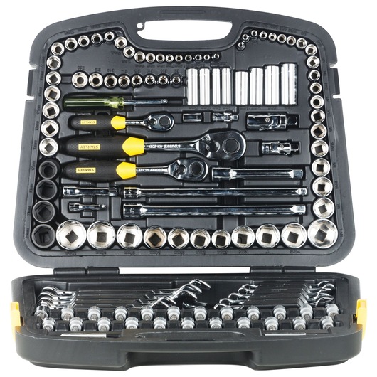 STANLEY 91-931 socket and wrench set photography, black case with organized tools, top-down angle.