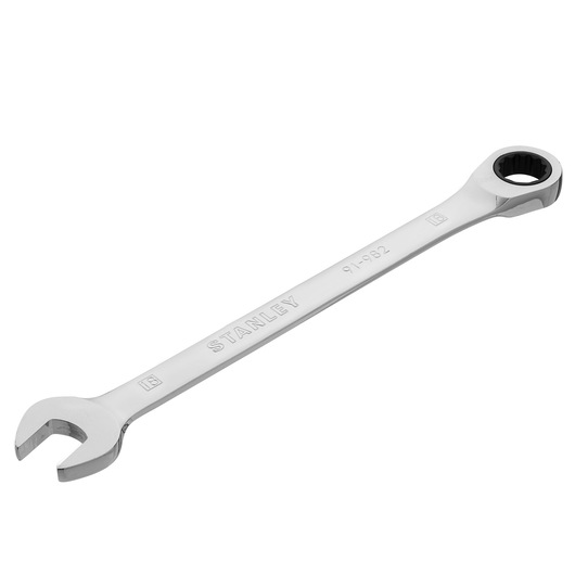 Photo of STANLEY 91-982 combination wrench, chrome finish, open-end and box-end, tool on white background.