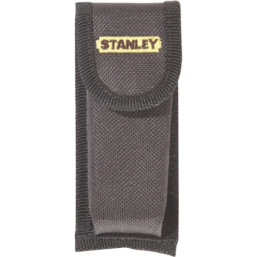 STANLEY 92-841 black fabric tool pouch, front angle, with yellow STANLEY logo on flap.
