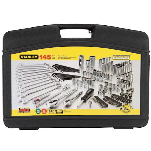 STANLEY 94-376 mechanics tool set in black hard plastic case, includes assorted wrenches, sockets, ratchets.