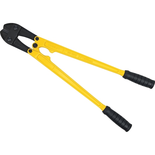 STANLEY 95-565 bolt cutter with yellow handles and black grips, product photo on white background.