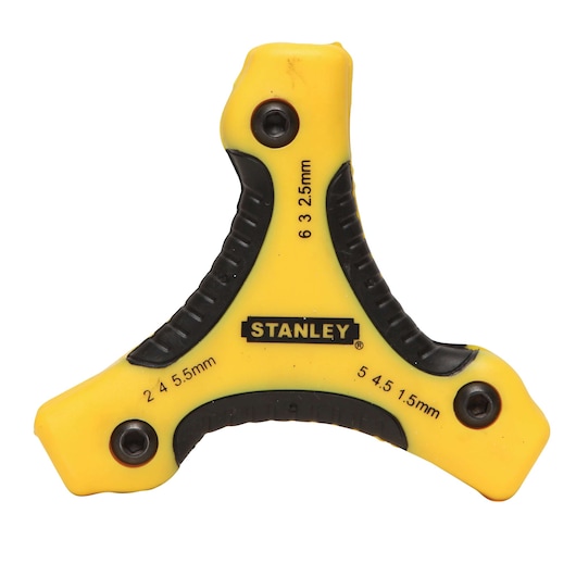 Stanley Y-shaped hex key set, yellow with black grip, top view, labeled with multiple metric sizes