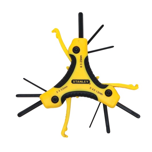 Stanley hex and folding key set, yellow and black, top view, all tools extended on white background