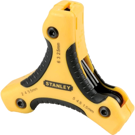 Stanley hex key set, yellow and black, triangular shape, front angle on white background